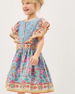 Adara Floral Print Broderie Dress Blue