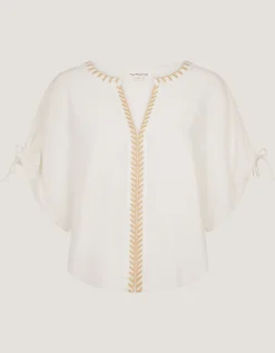 Adela Embroidered Linen Blend Top Ivory