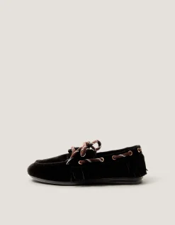 Alba Fringe Suede Moccasin Loafers Black
