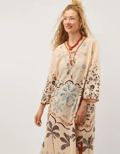 Aleah Tropical Print Midi Kaftan Ivory