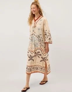 Aleah Tropical Print Midi Kaftan Ivory