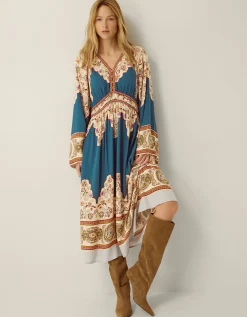 Alexandra Floral Print Boho Midi Dress Teal