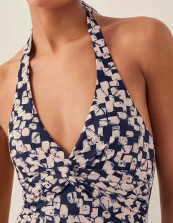 Alwena Abstract Print Halter Swimsuit Black