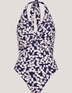 Alwena Abstract Print Halter Swimsuit Black