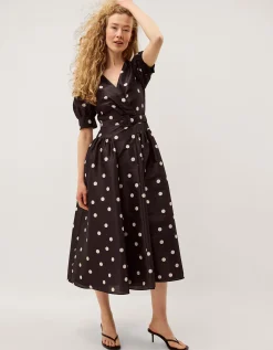 Amara Polka Dot Belted Midi Dress Black