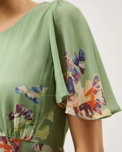 Amber Flutter Floral Print Maxi Dress Green