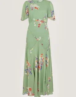 Amber Flutter Floral Print Maxi Dress Green