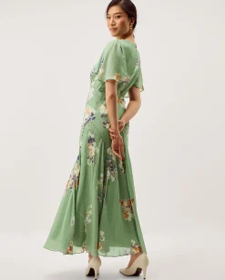 Amber Flutter Floral Print Maxi Dress Green