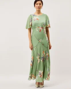 Amber Flutter Floral Print Maxi Dress Green