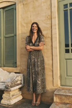 Annie Animal Print Midi Dress Brown