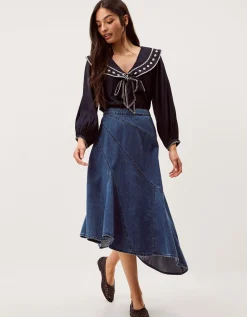 Annie Asymmetric Denim Midi Skirt Blue