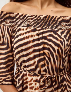 Annie Bardot Animal Print Midi Dress Brown