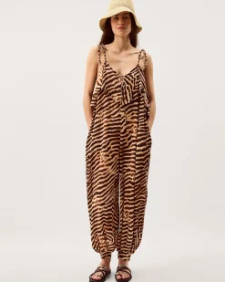 Annie Sleeveless Animal Print Jumpsuit Brown