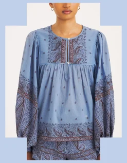 Antik Batik Johri Hand-Woven Paisley Blouse Blue