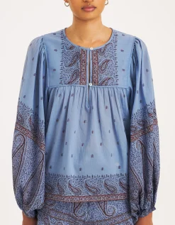 Antik Batik Johri Hand-Woven Paisley Blouse Blue