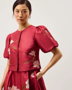 Anya Puff Sleeve Floral Embroidered Jacket Pink