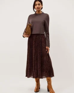 Archi Leopard Print Pleated Midi Dress Brown