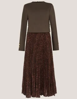 Archi Leopard Print Pleated Midi Dress Brown