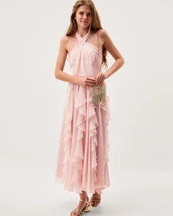 Arizona Halter Ruffle Prom Dress Pink