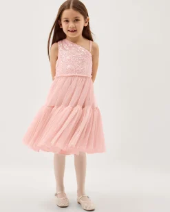 Asymmetrical Sequin Tulle Party Dress Pink