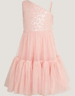 Asymmetrical Sequin Tulle Party Dress Pink
