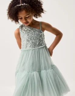 Asymmetrical Sequin Tulle Party Dress Green