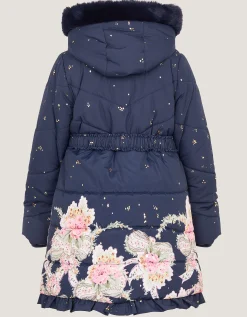 Aurora Floral Print Puffer Coat Blue