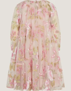Azalea Floral Embroidered Long Sleeve Dress Pink