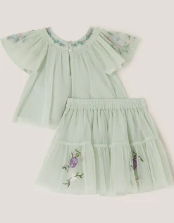 Baby Amina Floral Embroidered Top & Skirt Set Green