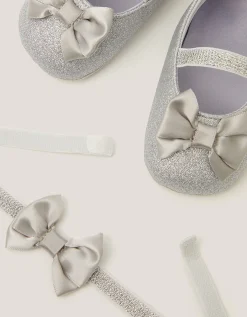 Baby Bow Glitter Booties & Headband Set Silver