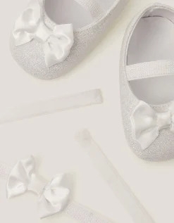 Baby Bow Glitter Booties & Headband Set Ivory
