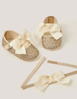 Baby Bow Glitter Headband & Booties Set Gold