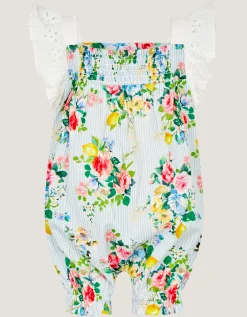 Baby Broderie Floral Stripe Romper Blue