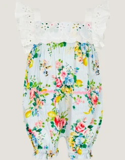 Baby Broderie Floral Stripe Romper Blue