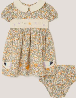 Baby Darcie Duck Smocked Dress & Knickers Set Yellow