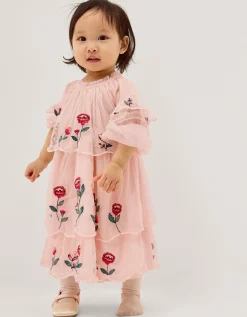 Baby Floral Embroidered Scallop Tier Dress Ivory