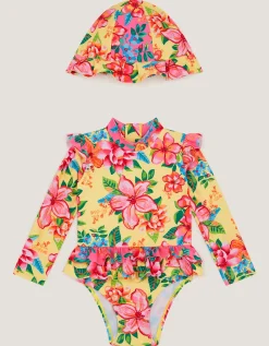 Baby Floral UPF50+ Swimsuit & Hat Yellow