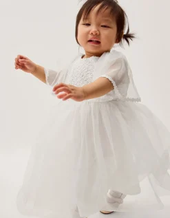 Baby Flutter Sleeve Floral Embroidered Tulle Dress Ivory