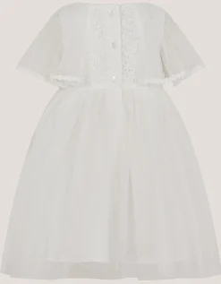 Baby Flutter Sleeve Floral Embroidered Tulle Dress Ivory