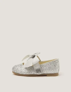 Baby Glitter Bow Mary Jane Ballet Flats Silver