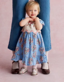Baby Heart Print Embroidered Panel Dress Blue