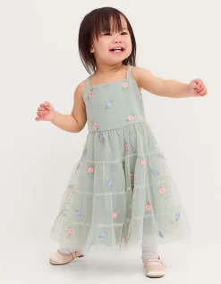 Baby Luna Floral Embroidered Mesh Dress Green