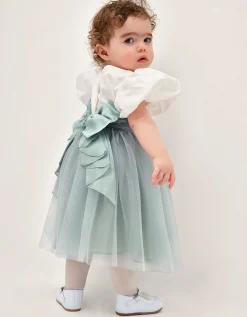 Baby Puff Sleeve Sateen Tulle Party Dress Green