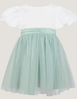 Baby Puff Sleeve Sateen Tulle Party Dress Green