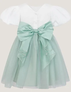 Baby Puff Sleeve Sateen Tulle Party Dress Green