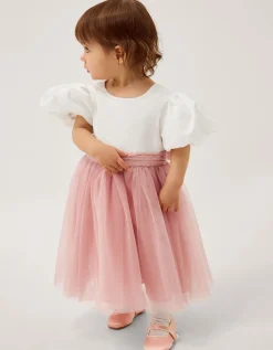 Baby Puff Sleeve Sateen Tulle Party Dress Pink
