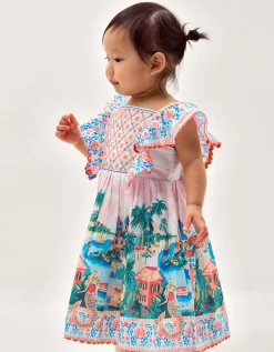 Baby Resort Scene Smock Dress Ivory