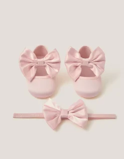 Baby Satin Bow Headband & Booties Set Pink