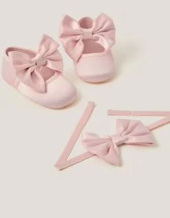 Baby Satin Bow Headband & Booties Set Pink