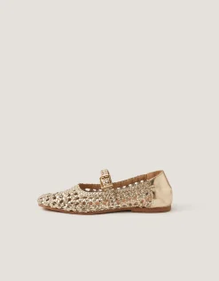 Bessy Woven Leather Mary Jane Ballet Flats Silver
